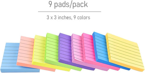9 Pack Lined Sticky Notes 3”x3” Bright Colors Self-Stick Note Pads with Line, 9 Colors Bulk Sticky Memo Pad for School, Office, Meeting...