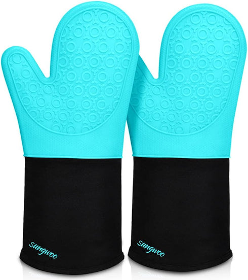 sungwoo Extra Long Silicone Oven Mitts, Heat Resistant Oven Gloves with Quilted Liner Non-Slip Textured Grip Perfect for BBQ, Baking, Cooking and ...