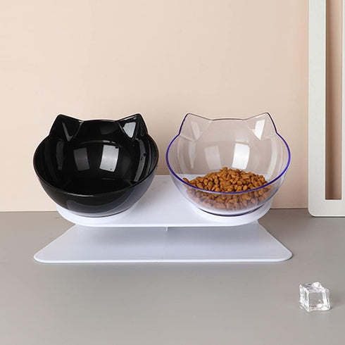Love Dream Double Dog Cat Bowls with Raised Stand, Pet Food Water Feeder Bowl, 15° Tilted Pet Bowl Stress-Free Suit for Cats Small Dogs (Black+Whi...