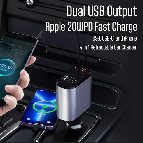 Retractable Phone Charger - Fast Car Charger USB C - Retractable Phone Charger 4 in 1 Retractable Car Charger - Retractable Charger for Apple and ...