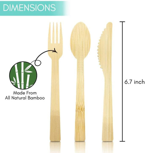 Bamboo Utensils - Natural Disposable Wooden Cutlery for Party, Eating, Camping, Picnic, Wedding, Birthday - Compostable Silverware - 8 Spoons, 8 F...