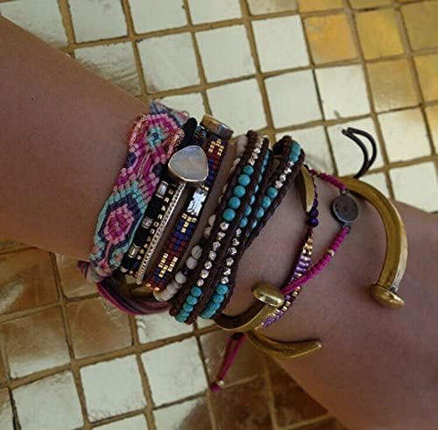 KELITCH Turquoise Bracelets Mother of Pearl Silver Mix Beaded 3 Wrap Bracelet Handmade New Cuff Jewelry...