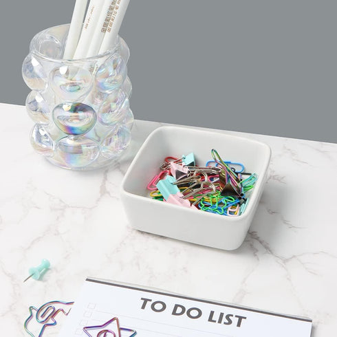 Candy Color Ceramic Paper Clip Holder for Desk Cute Paperclips Dispenser 3.5Inch Square Paper Clips Organizer Binder Clip Holder (White Paper Clip...