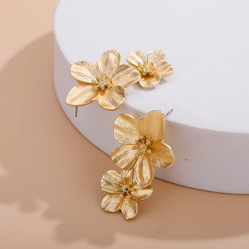 Gold Large Double Flower Earrings for Women Boho Statement Flower Earrings Bohemian Gold Elegant Chic Flower Dangle Earrings Unique Flower Jewelry...