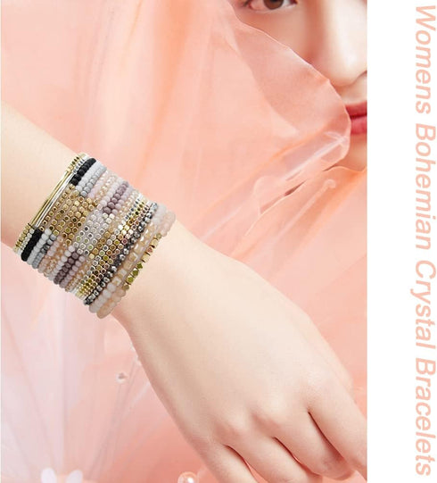 17Pcs Boho Beaded Bracelets for Women Colorful Stackable Sparkly Crystal Beads Bracelets Multi-Layer Versatile Statement Bracelets Stretch Cuff Je...