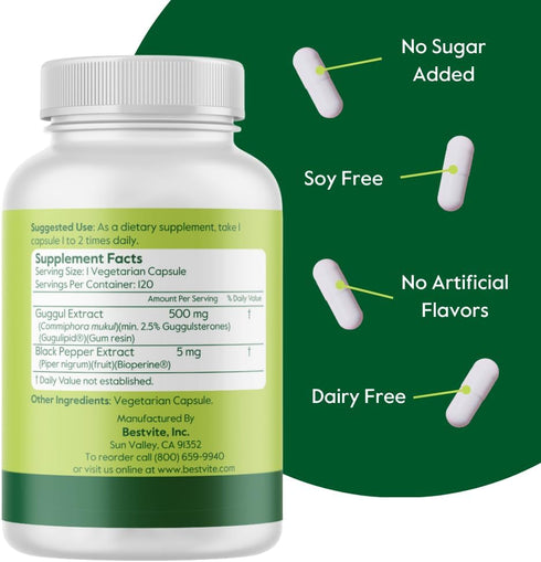 BESTVITE Guggul Extract 500mg (120 Vegetarian Capsules) - Backed by Clinical Research, Patented and Standardized, Enhanced by Bioperine - No Fille...