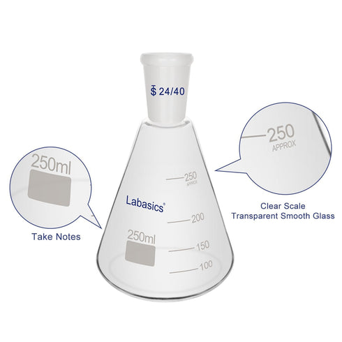 Glass 24/40 Erlenmeyer Flask, Borosilicate Glass Heavy Wall Flask with 24/40 Standard Taper Outer Joint, 250 ml...