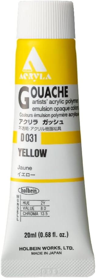 Holbein Acryla Gouache Artists Acrylic Polymer Emulsion, 20ml Yellow (D031)...