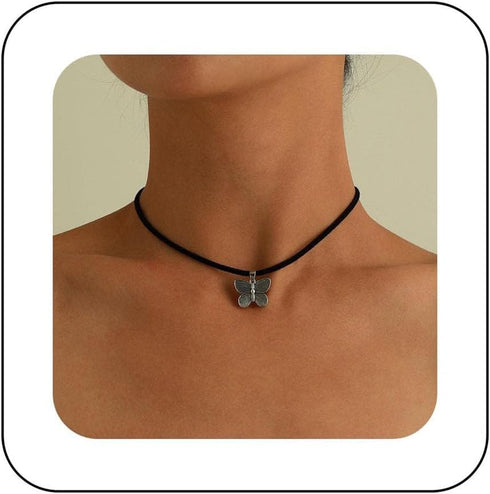 Boho Butterfly Pendant Necklace Black Velvet Rope Choker Silver Butterfly Necklace Choker Vintage Suede Velvet Collar Necklace Butterfly Clavicle ...