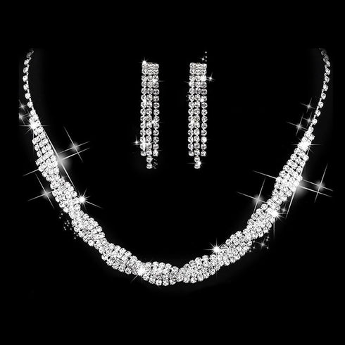 Bride Wedding Crystal Necklace Earrings Set Silver Bridal Choker Necklaces Pendant Jewelry for Women...
