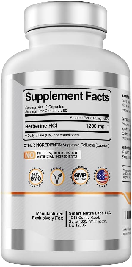 Smart Nutra Labs Premium Berberine HCL 1200mg- 180 Vegan Capsules, 100% Pure Berberine Supplement- Non-GMO, Gluten Free...