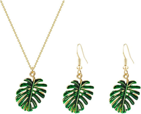 Green Enamel Monstera Leaves Drop Earrings Necklace Set Tropical Palm Tree Leaf Jewelry for Summer...
