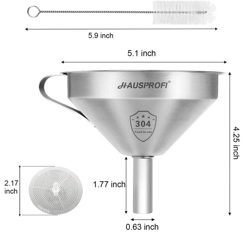 HAUSPROFI Stainless Steel Funnel, 5.1 inch 304 Stainless Steel Kitchen Funnel with 200 Mesh Food Filter Strainer for Transferring Liquids, Oil, Ma...