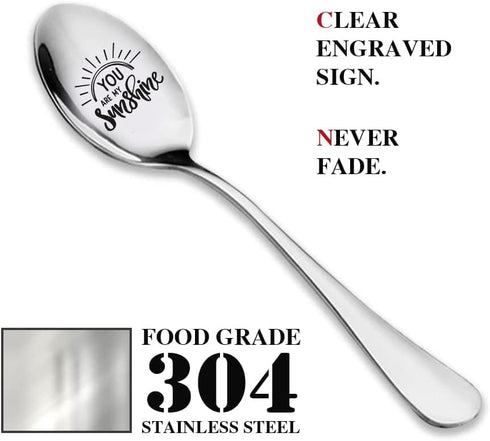 TyM You are my sunshine Engraved Stainless Steel spoon for coffee tea cereal ice cream - Engraved gift for him/her - 7 inch Sturdy handle and food...