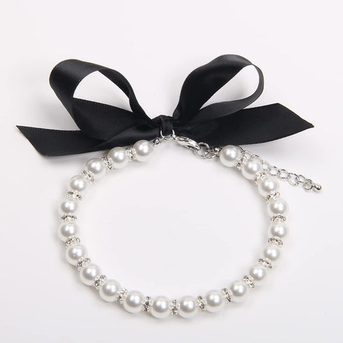 Dog Cat Pearls Necklace Collar with Bling Accessories and Ribbon Bow Pet Puppy Jewelry for Female Dogs Cats Small Medium (L, White)...