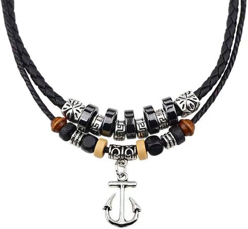 Men Black Leather Necklace Vintage Tribal Style Boho Hipppie Double Layered Black Braided Beaded Anchor Pendant Pirate Necklace...