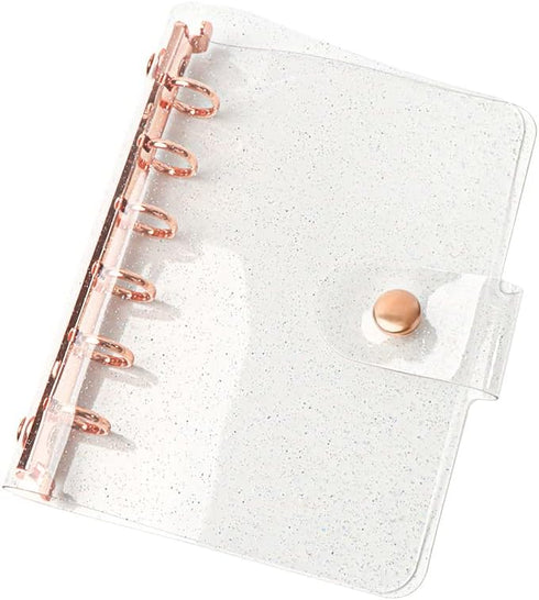 A7 Binder Cover Glitter Powder PVC Budget Binder Rose Gold 6 Round Ring Binders Snap Button Closure Loose Leaf Folders Refillable Soft PVC Noteboo...