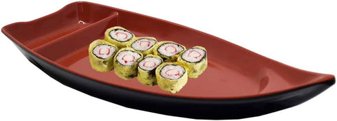 Happy Sales HSSB-10RB, Sushi Boat Shape Plate Sushi Sashimi Serving Plate Melamine Plastic Tray 10 x 4.5 Inch (Red Black)...