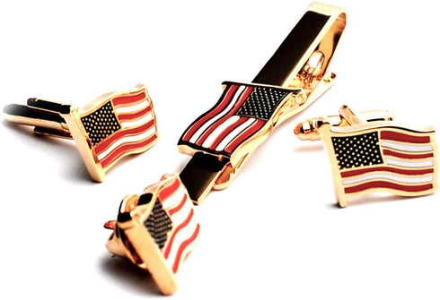 BXLE America Flag Tie Bar Clip and Cufflinks + Brooch Lapel Pin Set for Men, American USA US Cuff Links Necktie Stickpin Cufflink Button for Cops,...
