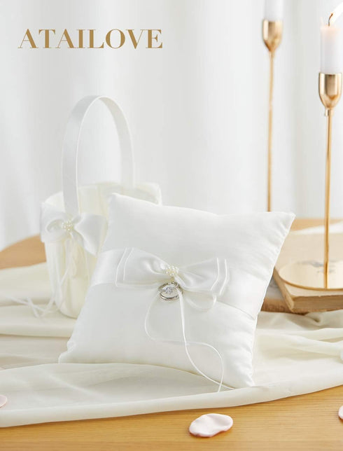 Wedding Flower Girl Basket and Ring Bearer Pillow Set, Simple Bow Pearl Collection - Ivory...