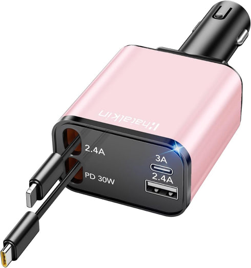 HATALKIN Retractable Car Charger 4 in 1, 69W Fast Car Phone Charger, 2 Retractable Cables and USB C Car Charger, Car Charger Adapter for iPhone 16...