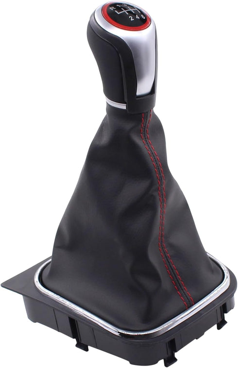 MOTOKU Black Leather with Red Stitching Gear Shifter Knob Boot Cover with 6 Speed Manual Shift Knob and Bracket Base Assembly for Volkswagen Jetta...