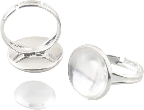 ALLinONE Brass Adjustable Ring Cabochon Setting Frame Tray Blank Bezel with Glass Domes for DIY Jewelry Making 16mm (Silver)...
