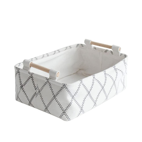 Decorative Collapsible Rectangular Fabric Storage Bin Organizer Basket with Wooden Handles for Clothes Storage,12.6x8.7x4.7 inch,White...