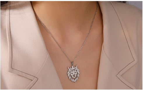 Hollow Crown Lion King Earrings Pendant Necklace Set for Men Women Stainless Steel Lion Head Necklace Jewelry...