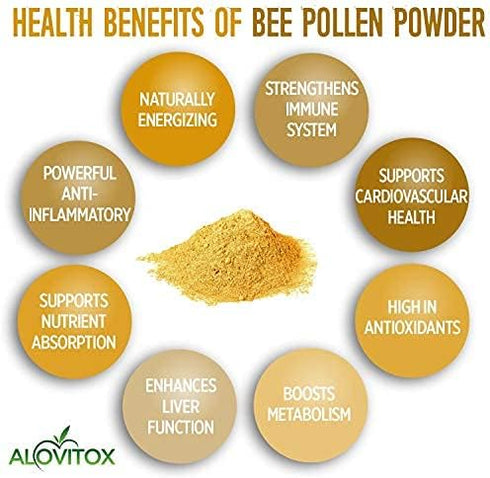 Alovitox Bee Pollen Powder | 100% Pure, Natural Raw Bee Pollen - Antioxidants, Proteins, Vitamins B6, B12, C and A, Amino Acids and More (Bee Poll...