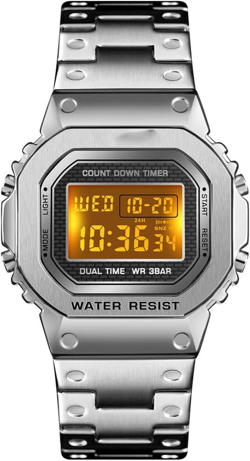 PASOY Men's Digital Multi-Function Watches Stainless Steel Square Case Dual Time Alarm Stopwatch Countdown Backlight Waterproof Watch...