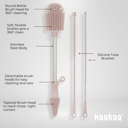 Haakaa Silicone Cleaning Brush Kit – Household Cleaning Brushes for Bottles and Crevices – Food-Grade Silicone: Dishwasher Safe (Brush-Grey)...