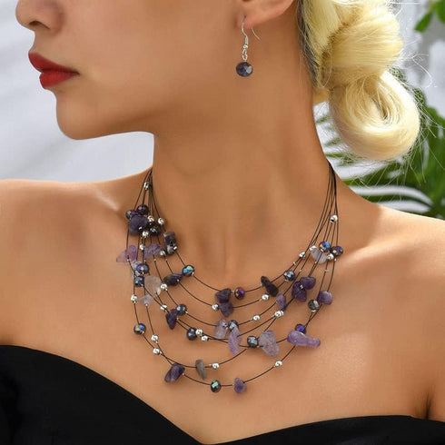 Pingyongchang Bohemian 3- Layer Illusion Thread Long Necklace Earrings set with Ladies Crystal beads...