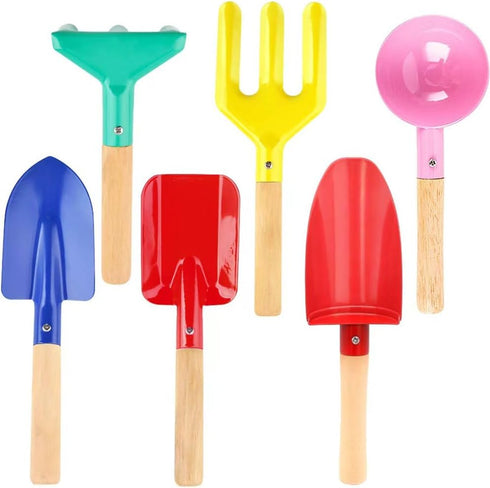 Beach Toys for Kids, 6 Pcs 8'' Kids Gardening Tools Sand Toys Set, Metal Garden Tools with Sturdy Wooden Handle, Cylinder, Spoon, Fork, Rake, Flat...