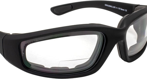 Birdz Eyewear Oriole Padded Safety Bifocal Motorcycle Glasses Black Frame Clear Lenses 1.5 Magnification Carry Bag...