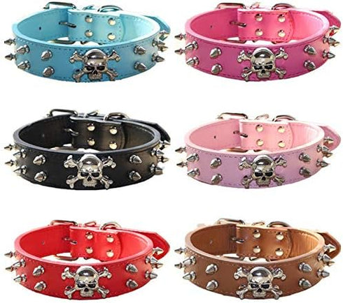 Spiked Leather Dog Collar, 2 Rows Bullet Rivets Studded PU Leather, Cool Skull Pet Collar for Medium and Large Dogs (L, Brown)...