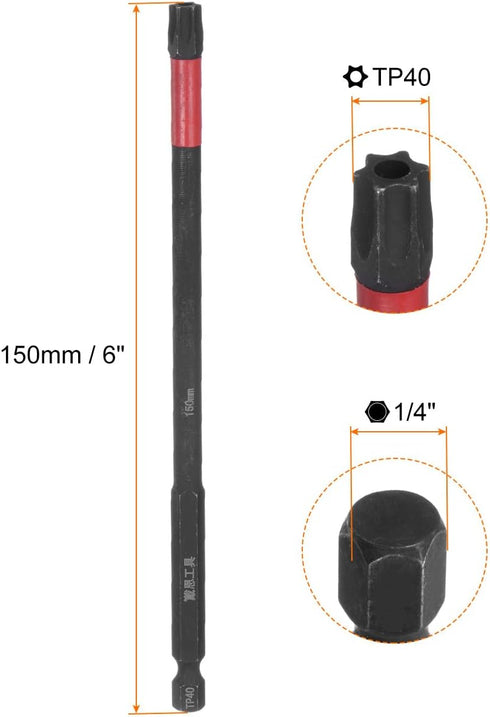 5pcs Impact Tough Torx Drill Bit T40 6" Length 1/4" Hex Shank S2 Steel Magnetic Insert Star 6 Point Head Screwdriver Bits...