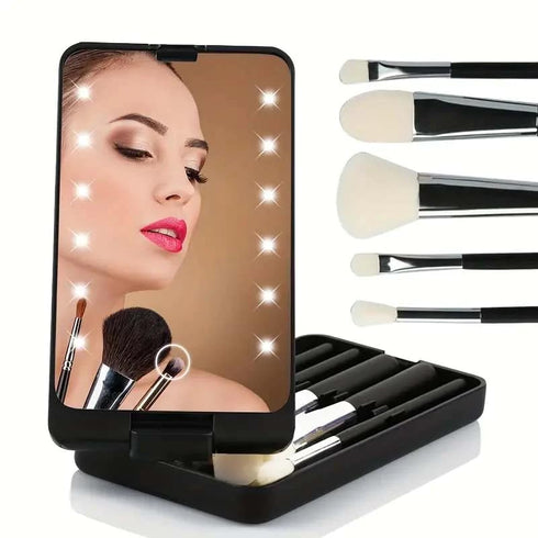 Travel Makeup Brush Set With LED Light Mirror, Travel Makeup Brush Set, Makeup Brush Set with LED Mirror Case Portable Travel Size, Travel Makeup ...