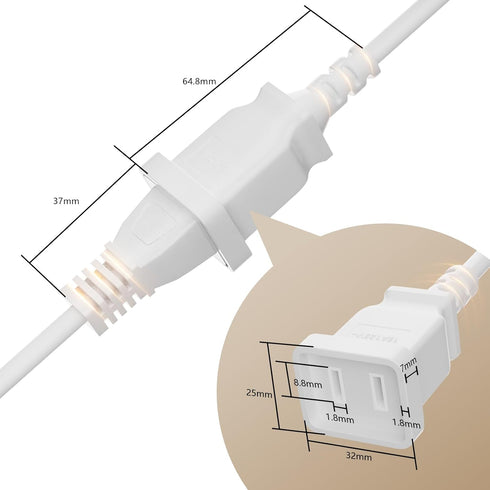 2-Prong Power Extension Cord White 16ft, BolAAzuL Long US Male to Female Single Plug Extension Power Cable 16AWG 13A/125V SPT2 Insulated, 2 Outlet...