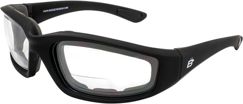Birdz Eyewear Oriole Padded Safety Bifocal Motorcycle Glasses Black Frame Clear Lenses 1.5 Magnification Carry Bag...