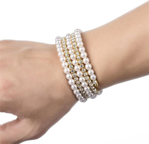 Imitition Pearl Stretch Bracelet Multilayer Crystals Pearl Elastic Bangle for Women Wedding Jewelry 1920s Costume...