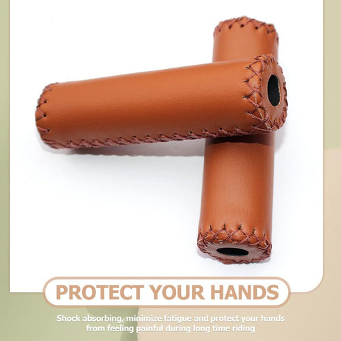 1Pair PU Leather and Soft Rubber Bicycle Mountain Bike Handlebar Grips (Light Brown)...