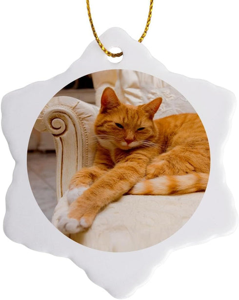 3D Rose Happy Orange Tabby Cat Relaxing On Fancy Armchair Snowflake Ornament, 3"...