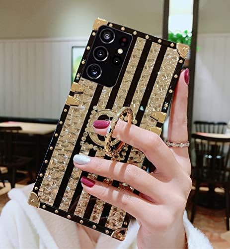 for Samsung Galaxy A53 5G Case Fashion Box Women Design Gold Bling Glitter Rose Flower Soft Trunk Cover with Ring Kickstand Phone Skin,Gold...