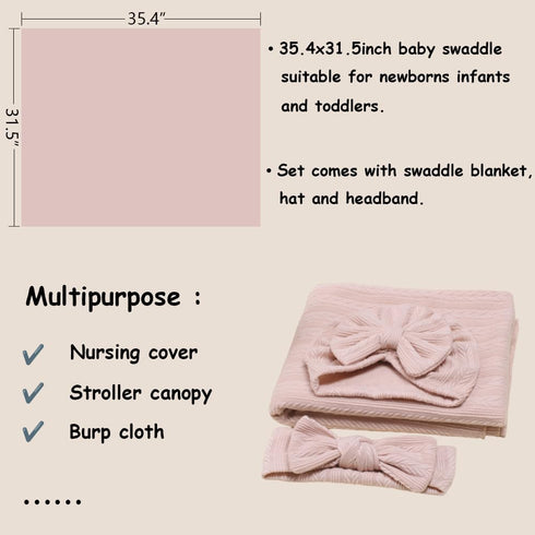 Baby Swaddle Blanket Newborn Swaddle Wrap Receiving Blankets Newborn Photography Wrap Props with Hat and Bow Headband Baby Stretch Knitted Wrap fo...