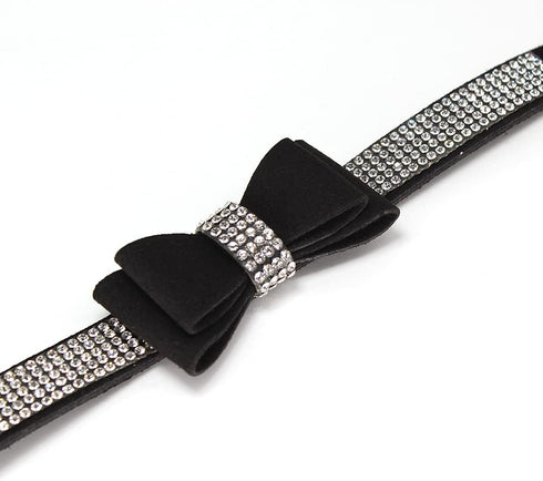 Dazzling Rhinestone Dog Collar with Soft Fabric and Crystal Bow Tie - Elegant and Glamorous Puppy Collars for Small Dogs with Leash in Black XXS...