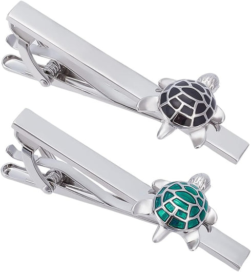 2PCS Turtle Tie Clips for Men Tortoise Tie Bar Clips Personalized Cufflinks Set Fathers Day Birthday Jewelry Gift (Green Black)...