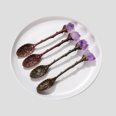 2pcs Retro Crystal Antique Spoon Coffee Spoon Tea Spoon,Amethyst Crystal Alloy Spoons,Mini Ice Cream Decorative Spoons, for Home Office...