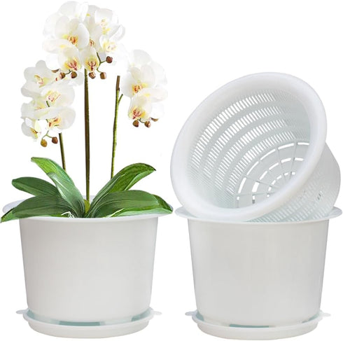8 Inch Orchid Pots with Holes and Saucers,Double Layer Plastic Large Orchid Planter Pot,Flower Pots for Indoor Outdoor Flower Plants,Orchids,Herbs...