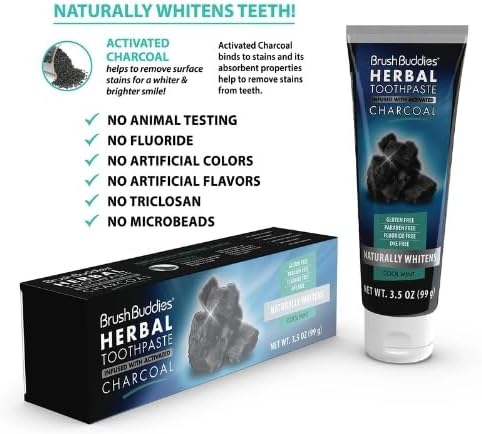 Brush Buddies Herbal Toothpaste with Activated Charcoal, 3.5 oz | Whitening Toothpaste | Charcoal Toothpaste | Fluoride Free Toothpaste (Pack of 2...